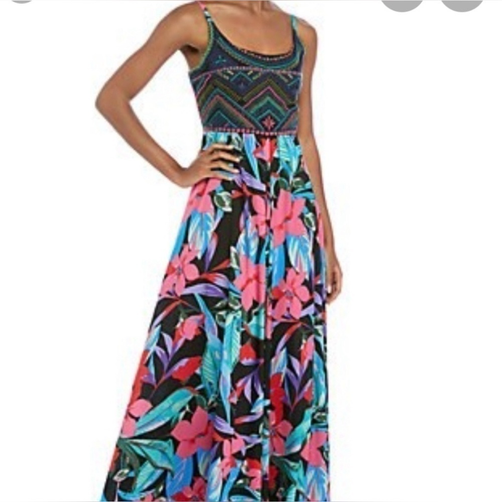 Cupio embroidered with hand beaded detail tropical hibiscus maxi dress Size S